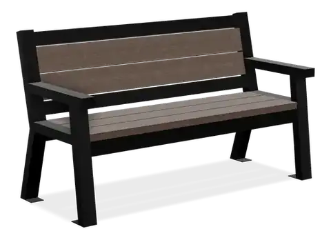 Rutherford Bench built from recycled plastic lumber and cast aluminum